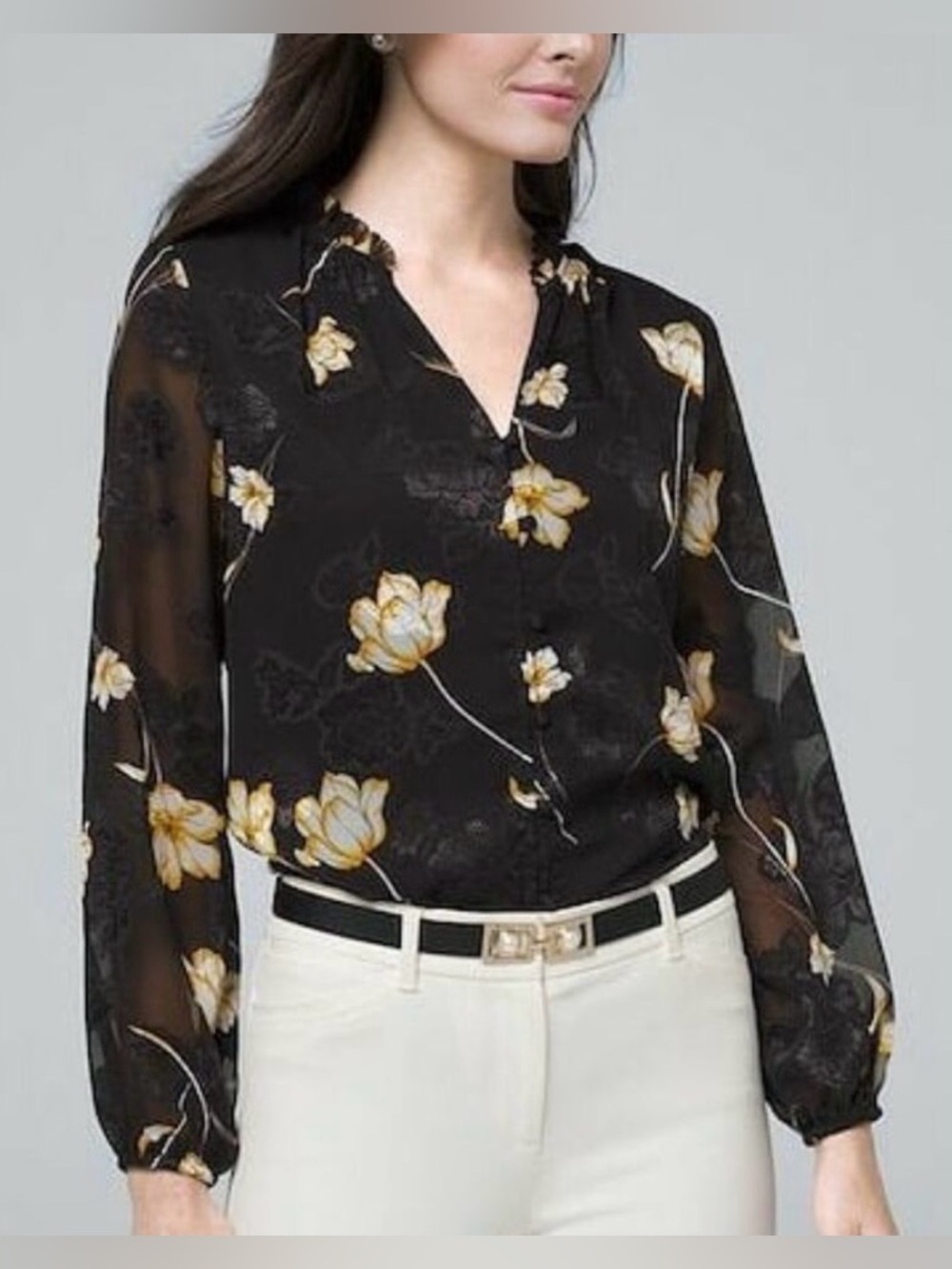 White House Black Market Black semi Sheer partially lined Floral Blouse size 4